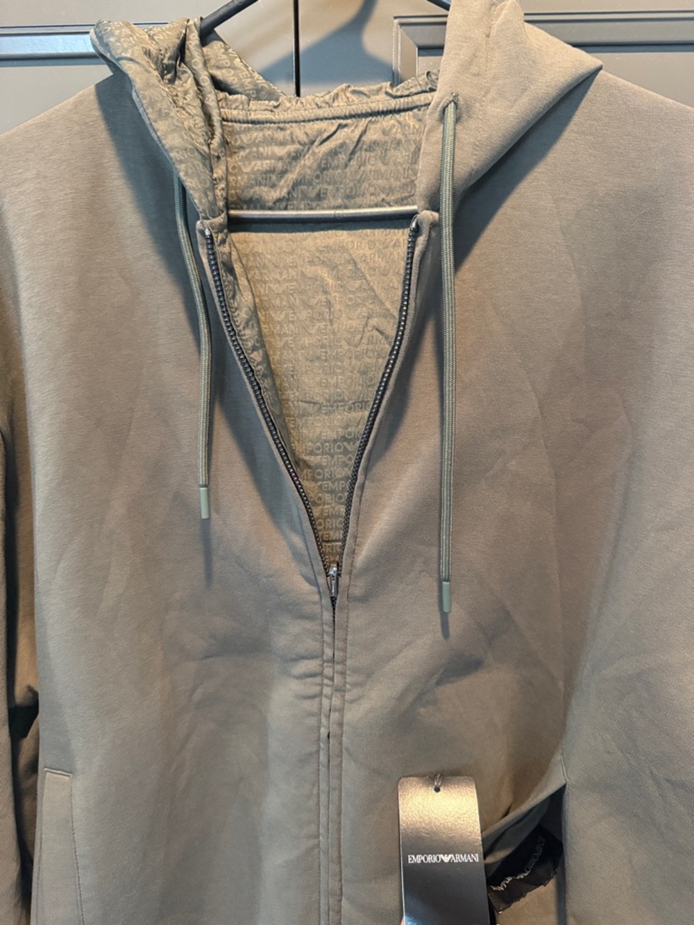 Emporio Armani Sage Green Zip Hoodie with Branded Lining